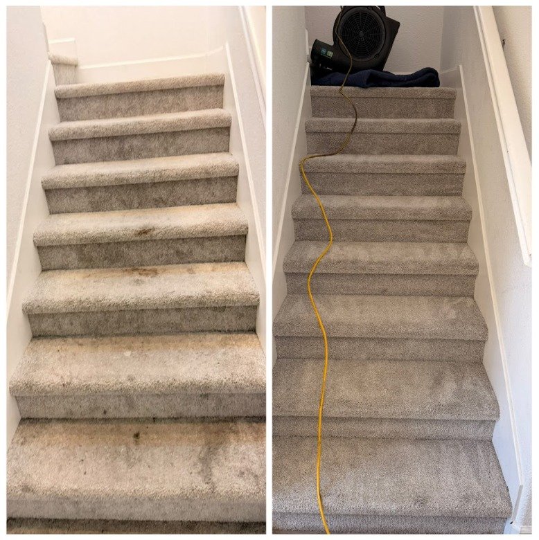 Before and after stair carpet cleaning in Walnut Creek removing heavy dirt and stains